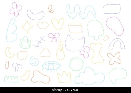 Colored elements, letters, simple doodle figures, wax crayon drawings, school children drawings on white background. vector Stock Vector