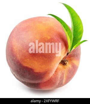 Ripe red peach with peach leaves isolated on white background. File contains clipping path. Stock Photo
