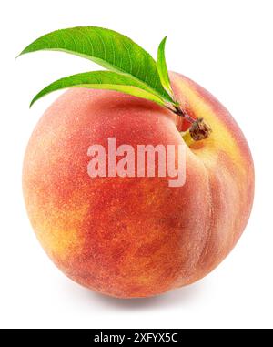Ripe red peach with peach leaves isolated on white background. File contains clipping path. Stock Photo