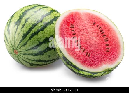 Round striped watermelon and watermelon half isolated on white background. Clipping path. Stock Photo