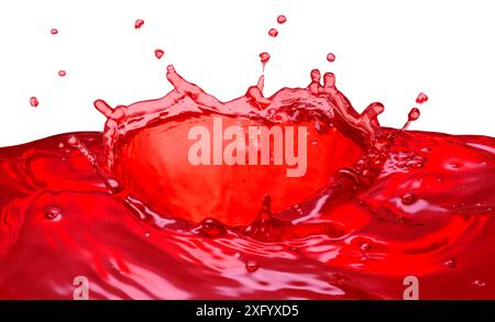 Splash surrounds funnel on of red juice or water isolated on white background. Clipping path. Stock Photo