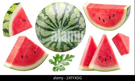 Set of watermelon and watermelon slices isolated on white background. Clipping paths. Stock Photo