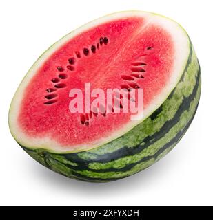Round striped watermelon cut in half with black watermelon seeds isolated on white background. Clipping path. Stock Photo