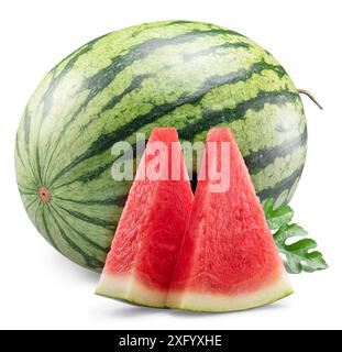 Round striped watermelon and watermelon triangle slices isolated on white background. Clipping path. Stock Photo