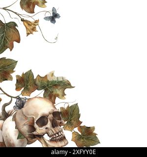 White pumpkin, human skull, pumpkin leaves and butterflies. Watercolor frame on isolated background in mystical style. Suitable for decoration, cards, Stock Photo