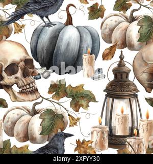 Black pumpkin and leaves, skull, black raven, vintage lantern and candle, crystal. Watercolor seamless pattern in gothic style. Fall themed Halloween Stock Photo