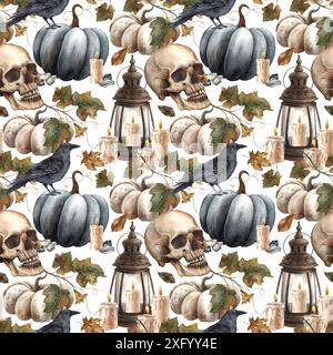 Black pumpkin and leaves, skull, black raven, vintage lantern and candle, crystal. Watercolor seamless pattern in gothic style. Fall themed Halloween Stock Photo