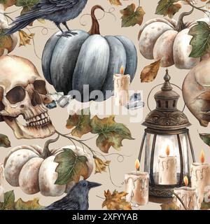 Black pumpkin and leaves, skull, black raven, vintage lantern and candle, crystal. Watercolor seamless pattern on a beige background. Fall themed Hall Stock Photo