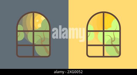 Windows with landscape vector. Simple windows icons set. Two windows day and night vector Stock Vector