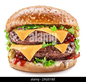 Tasty burger with double beef patty, cheese and lettuce on white background. Stock Photo