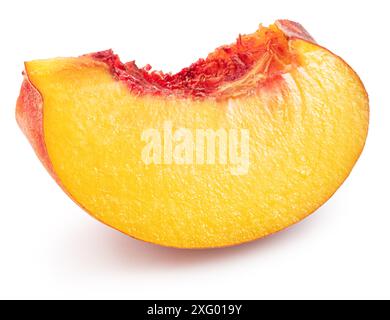 Ripe juicy yellow peach slice streaked with red flesh isolated on white. File contains clipping path. Stock Photo
