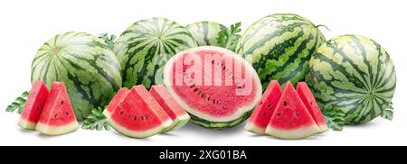 Large group of round striped watermelon and watermelon slices isolated on white background. Stock Photo