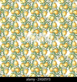 Seamless pattern of branches of yellow lemons, leaves and flowers on a ...