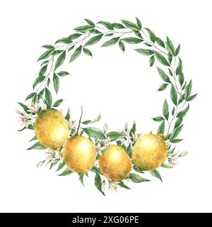 Botanical floral wreath with a branch of yellow lemons. Isolated watercolor illustration in realistic style. Hand drawn illustration for interior, car Stock Photo