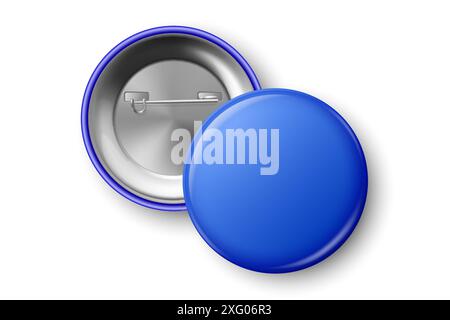 Vector 3d Realistic Blue Blank Round Button Badge Closeup, Isolated. ID Badge Design Template, Mockup. Design Template for Access Pass, Identification Stock Vector