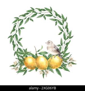 Botanical floral wreath with a branch of yellow lemons and a brown bird. Watercolor wreath in realistic style. Hand drawn illustration for interior, c Stock Photo