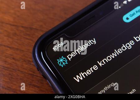 Perplexity.ai logo seen in its website on an iPhone screen. Perplexity AI is a research and conversational search engine powered by AI chatbots. Stock Photo