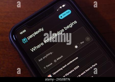 Perplexity.ai logo seen in its website on an iPhone screen. Perplexity AI is a research and conversational search engine powered by AI chatbots. Stock Photo