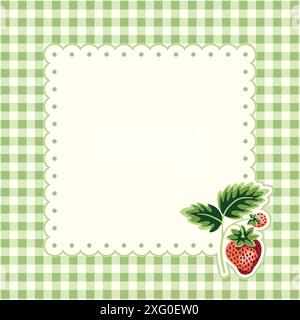 Cottage Core Garden Strawberry and Gingham Square Vector Frame. Vintage Invitation Design Stock Vector