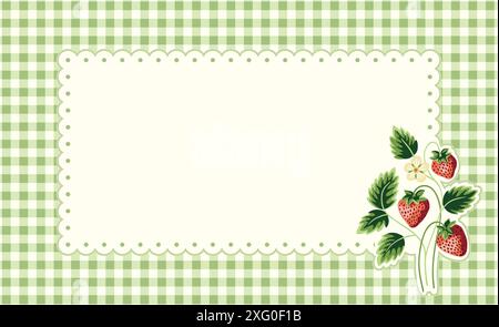 Cottage Core Garden Strawberry and Gingham Rectangular Vector Frame. Vintage Invitation Design Stock Vector