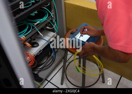Testing signal  Fiber optic cables for readiness for use Stock Photo