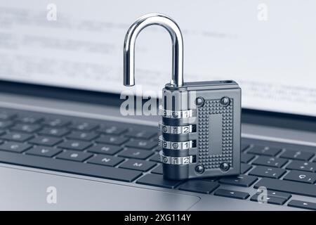 Open padlock on laptop. Unlock security. Computer Vulnerability concept Stock Photo