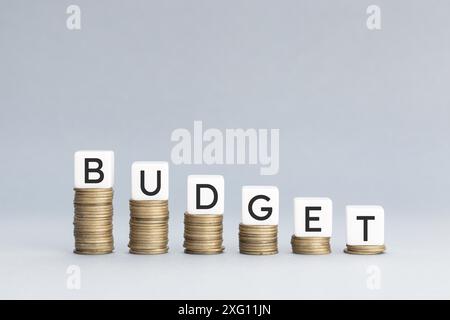 Constraint budget concept. Pile of coins forming a descending graph with blocks on top with text. Copy space Stock Photo