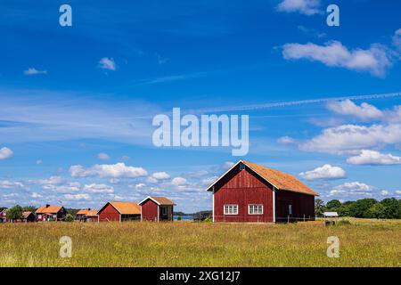 Red wooden houses on the island of Sladoe in Sweden Stock Photo