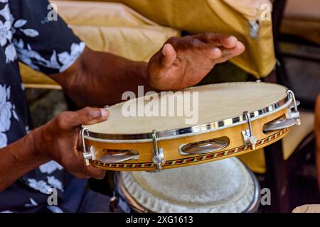 Hands and instrument of musician playing tambourine in the streets of Salvador in Bahia during a samba performance during carnival Stock Photo