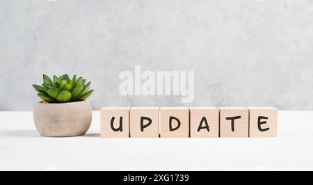 The words update is standing on wooden cubes, progress in business, desk in an office, copy space for text, catus plant Stock Photo