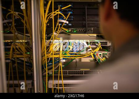 fiber optic with servers in a technology data center Stock Photo