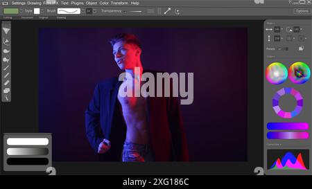 Photo processing using graphic editor. Interface of software for designers Stock Photo