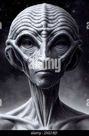 Portrait of an alien, science fiction of extraterrestrial invasion, visit of the greys, conspiracy of paranormal civilization Stock Photo