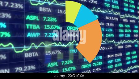 Image of financial data processing and pie chart on dark background Stock Photo