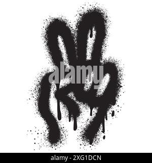 Graffiti Hand gesture V sign for peace symbol with over spray in black over white. Stock Vector