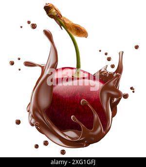 sweet cherry in chocolate splash isolated on a white background. Clipping path. Stock Photo