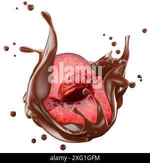 sweet cherry in chocolate splash isolated on a white background. Clipping path. Stock Photo