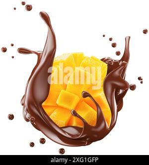 mango cube slices in chocolate splash isolated on a white background. Clipping path. Stock Photo