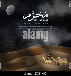 Muharram poster design. A simplistic Islamic New Year design featuring a desert landscape with people traveling on camels, symbolising the Hijra. Stock Vector