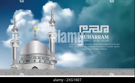 Elegant Muharram Minaret Banner Design. Translation Arabic means 'Muharram'. It features a striking minaret set against a serene sky with fluffy cloud. Stock Vector