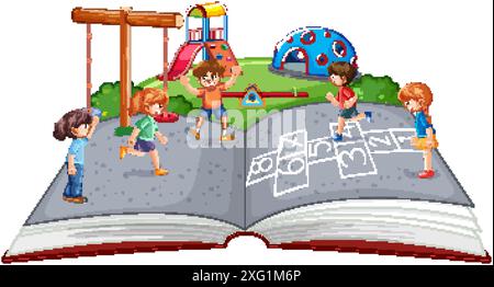 Kids enjoying playground activities in an open book Stock Vector
