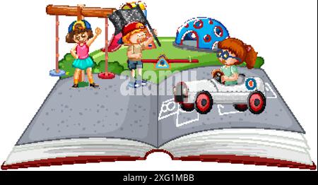 Kids enjoying activities in a pop-up book Stock Vector