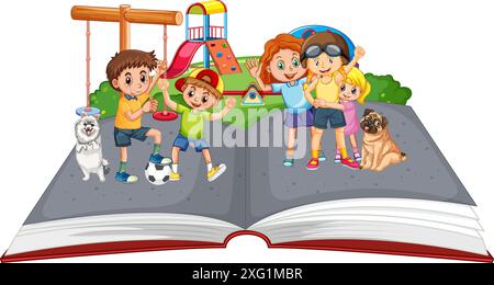 Kids enjoying a playground in a book Stock Vector