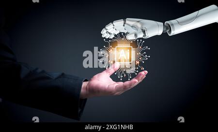Human hand and robotic hand collaborating with glowing AI chip, symbolizing technological partnership. Ideal for AI integration, futuristic business s Stock Photo