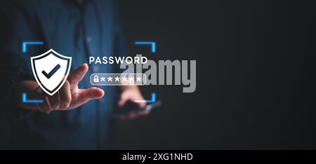Password security icon with shield and checkmark. Finger pointing to virtual password field, emphasizing protection, safety. Ideal for cybersecurity, Stock Photo