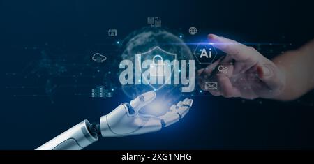 Robotic and human hands with AI cyber security hologram, indicating data protection and technological defense. Ideal for tech firms, cyber security, d Stock Photo