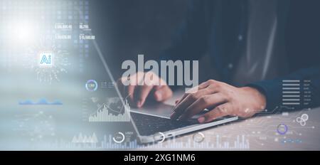 Hands typing on a laptop with AI technology holograms and data interfaces, representing artificial intelligence in business. Symbolizes innovation and Stock Photo