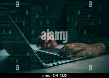 Hands typing on a laptop with floating code, representing coding and cybersecurity. Dark background highlights technology and information security. Pe Stock Photo