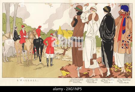 Fashionable women at an autumn stag hunt, Paris, 1923. L'Hallali. Woman in chestnut paletot and skirt by Jenny Sacerdote, coat-dress in white wool by Christoph Drecoll, three-piece in Miramar and Banjo crepe by Premet, and gown and paletot in beige jersey by Georges Doeuillet. Handcoloured pochoir (stencil) lithograph after an illustration by Miss Colette, Miss J. Dory, Miss Mariotton, or Miss Vitrotto from Art, Gout, Beaute, published by fashion magazine AGB, Lyon, 1923. Stock Photo