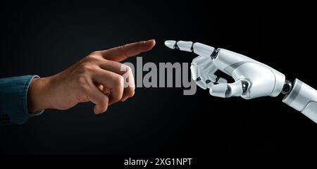 Human and robot hands reaching out to touch. Symbolizes human-AI interaction, futuristic cooperation. Technology and innovation concept. Cybernetic pa Stock Photo